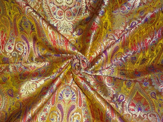 SILK BROCADE TURMERIC YELLOW,RED,PURPLE &amp; METALIC GOLD