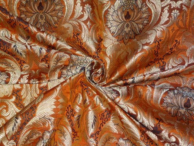 SILK BROCADE FABRIC ORANGE,BLACK &amp; METALLIC GOLD