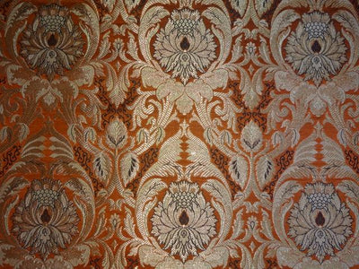 SILK BROCADE FABRIC ORANGE,BLACK &amp; METALLIC GOLD