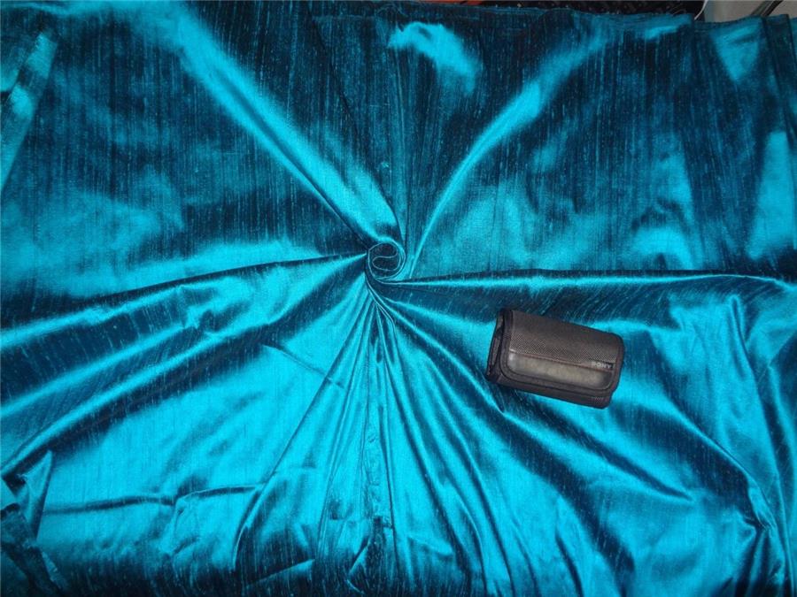 100% PURE SILK DUPIONI FABRIC DEEP BLUE X AQUA BLUE colour 54&quot; wide WITH SLUBS*