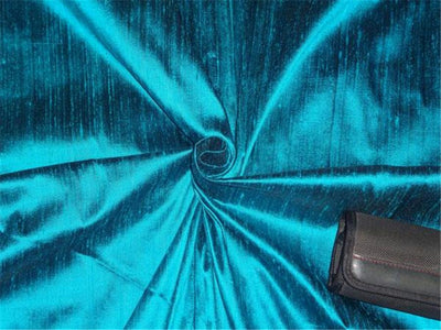 100% PURE SILK DUPIONI FABRIC DEEP BLUE X AQUA BLUE colour 54&quot; wide WITH SLUBS*