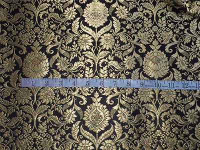 Heavy Silk Brocade Fabric black x metallic gold color