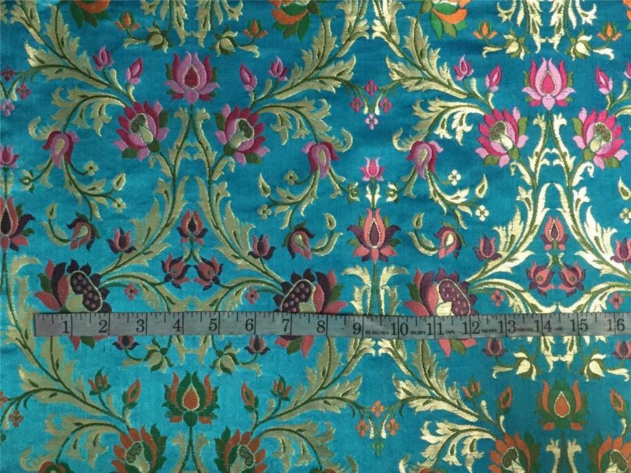 Heavy Silk Brocade Fabric blue, rust ,green x metallic gold color