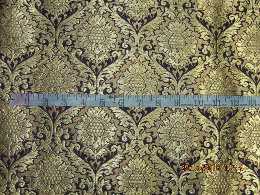 Heavy Silk Brocade Fabric navy blue x Metallic Gold color 36&quot;