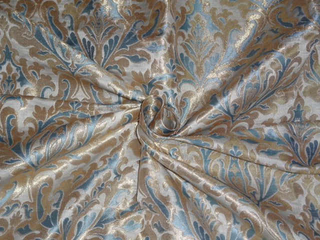 SILK BROCADE FABRIC SEA BLUE IVORY AND METALLIC GOLD COLOR 44" wide BRO407[1]