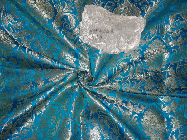 HEAVY SILK BROCADE FABRIC TURQUOISE BLUE X METALLIC GOLD COLOR 36" wide BRO491[3]