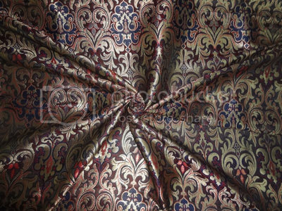 SILK BROCADE FABRIC Navy,Red &amp; Metallic Gold 44&quot;