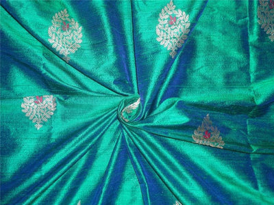 100% raw silk brocade fabric green x blue mettalic gold and pink color 44" wide BRO536[3]