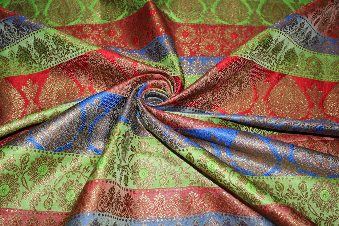 Brocade jacquard Fabric green/blue/salmon/red &amp;metallic gold BRO677[4]