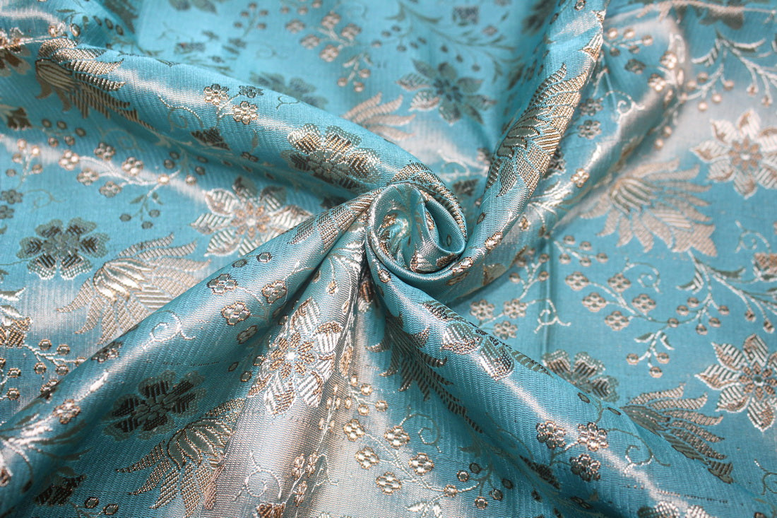 SILK BROCADE JACQUARD FABRIC Sea Blue &amp; Gold color 44&quot;BRO19[1]