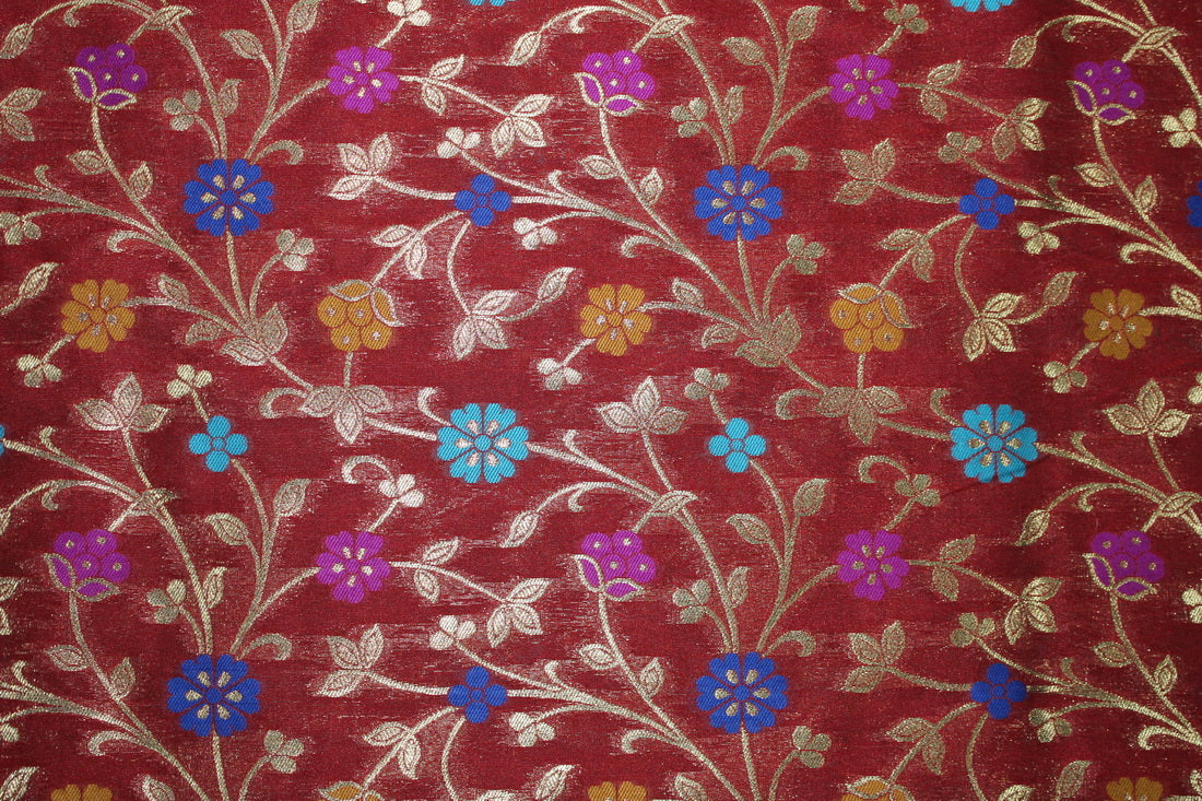 Brocade Fabric RED WINE x metallic gold color WITH MULTI COLOR FLOWERS 44&quot;