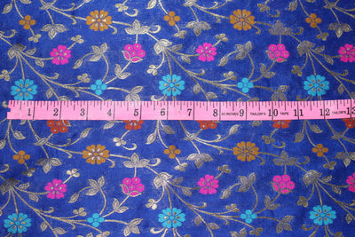 Brocade Fabric INK BLUE x metallic gold color WITH MULTI COLOR FLOWERS 44&quot;