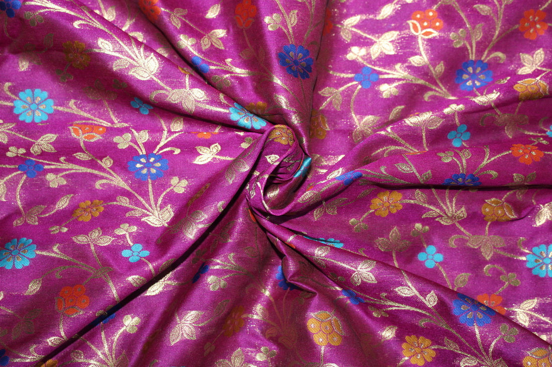 Brocade Fabric AUBERGINE x metallic gold color WITH MULTI COLOR FLOWERS 44&quot;