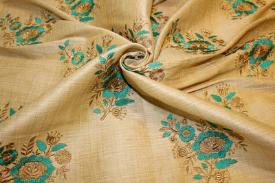 3.60 yards POLYESTER DUPIONI FABRIC 44&quot; GOLD with embroidered green flowers and metallic gold leaves