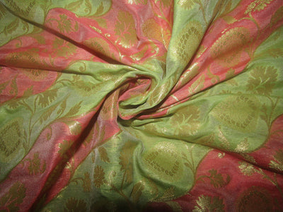 Silk Brocade fabric green,pink and metallic gold 44&quot; BY THE YARD