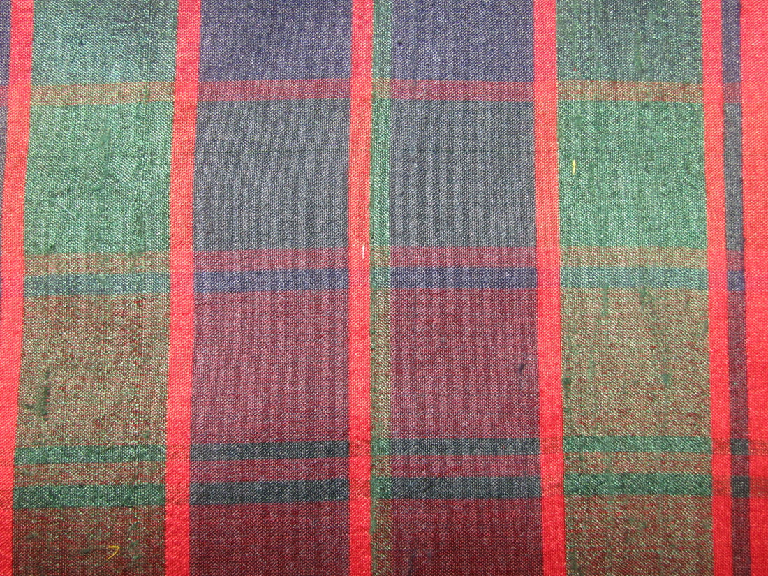 100% silk dupion red green and navy Plaids fabric 54&quot; wide