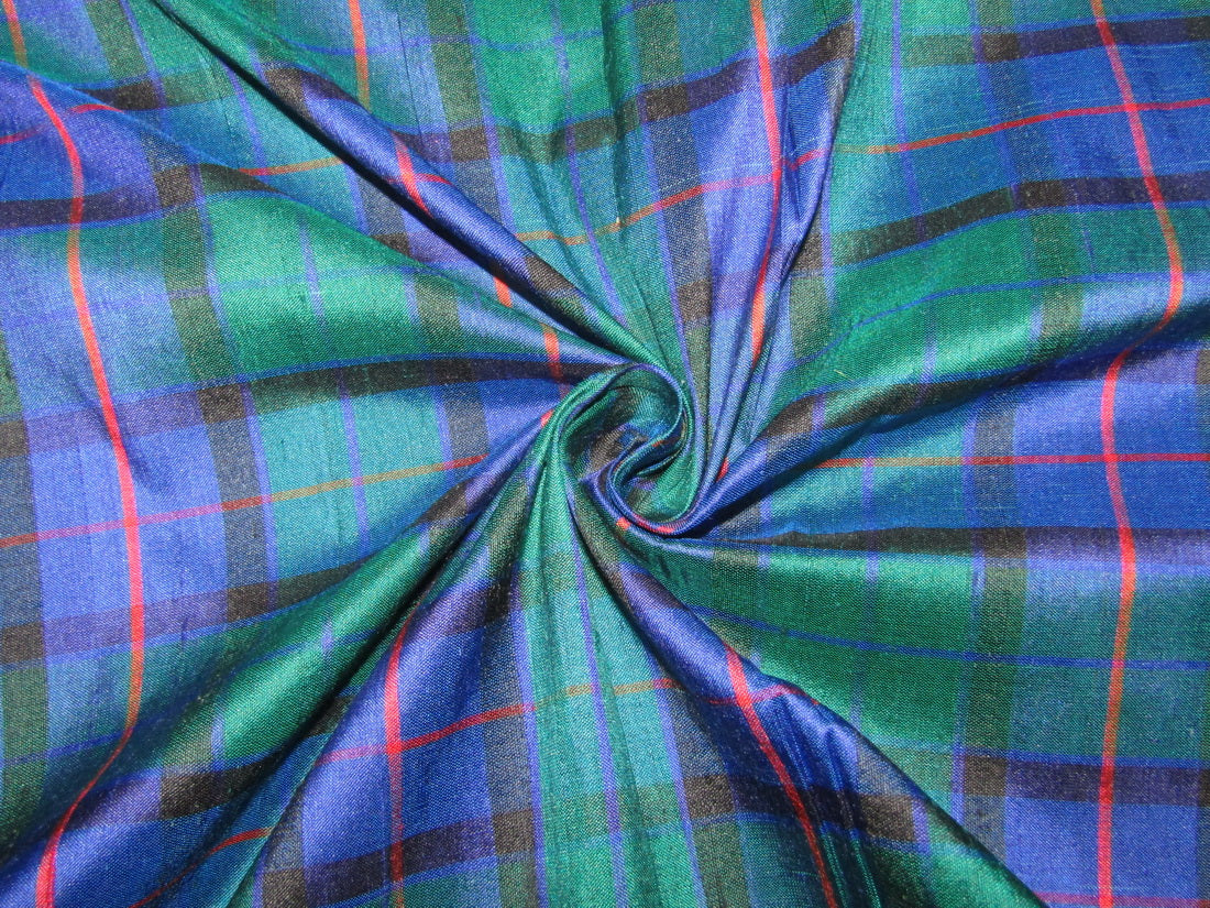 100% silk dupion blue green red Scottish tartan Plaids fabric 54&quot; wide