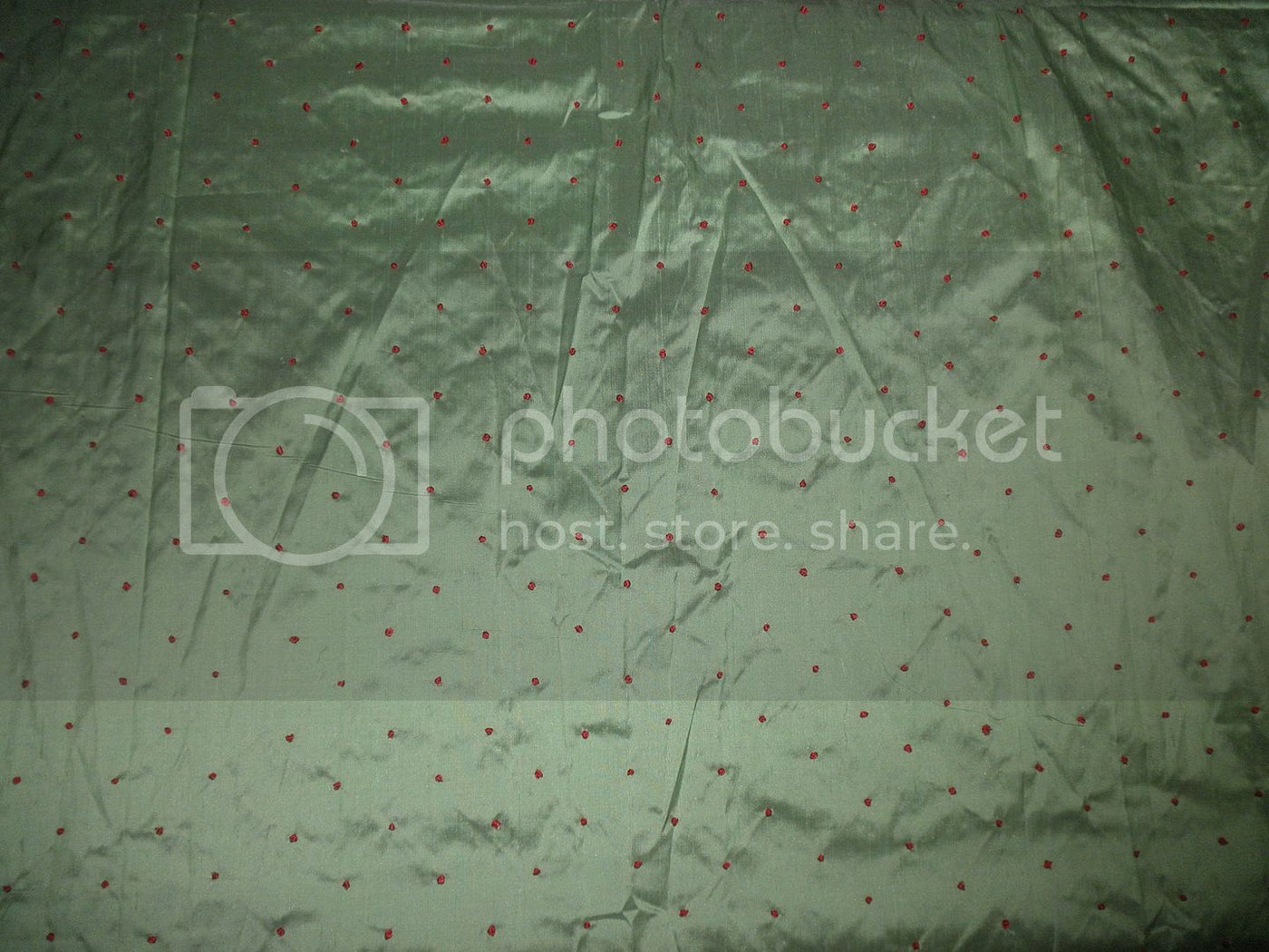 SILK DUPIONI Fabric Mint Green with Red embroidered dots 54&quot;