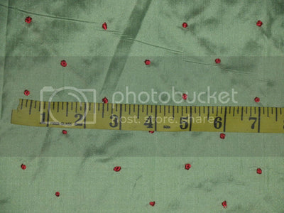 SILK DUPIONI Fabric Mint Green with Red embroidered dots 54&quot;