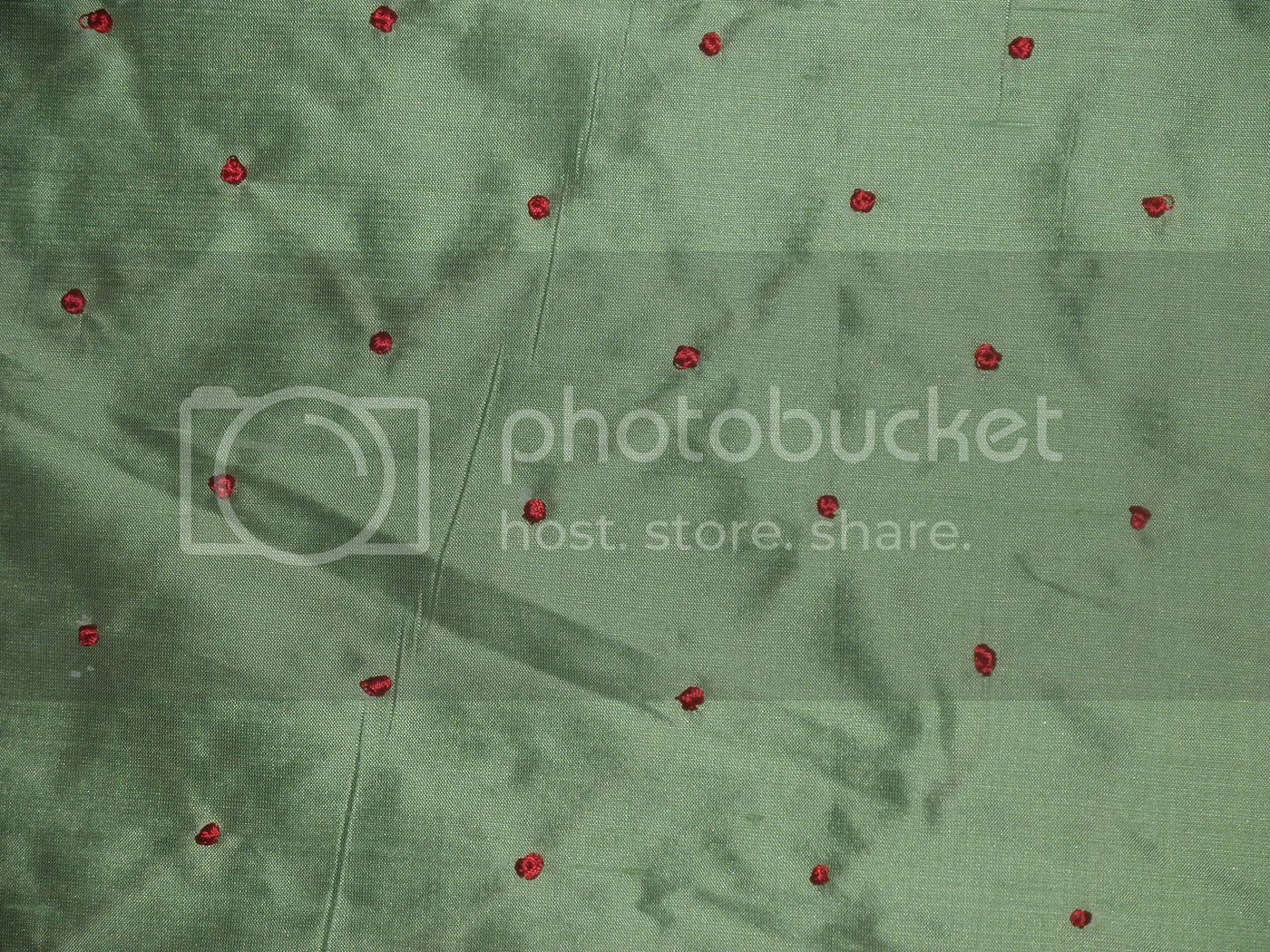 SILK DUPIONI Fabric Mint Green with Red embroidered dots 54&quot;