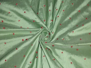 SILK DUPIONI Fabric Mint Green with Red embroidered dots 54&quot;