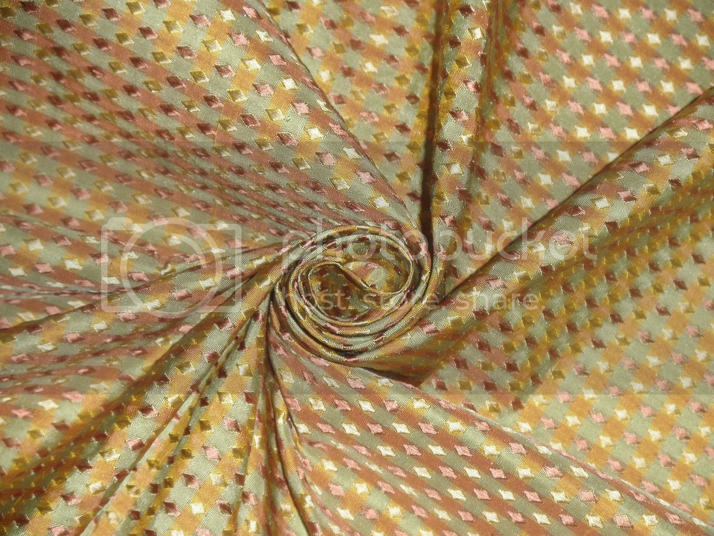 SILK TAFFETA FABRIC Pastel Green,Gold &amp; Salmon color plaids with jacquard taf cj3-54&quot; wide