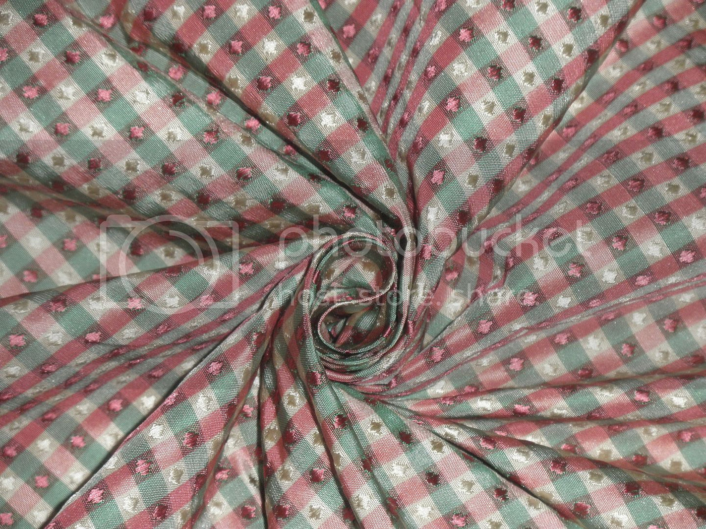 SILK TAFFETA FABRIC Pink,Mint &amp; Cream color plaids with jacquard TAFCJ4-54&quot; wide