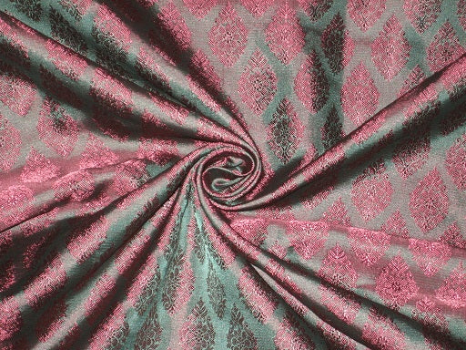 Silk Brocade fabric Green &amp; Rosette Pink Color 44" wide BRO179[3]