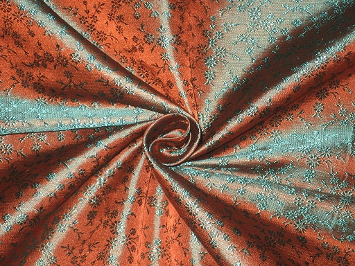 SILK BROCADE FABRIC Rust &amp; Teal Green color 44" wide BRO182[5]