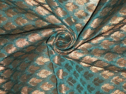 Silk Brocade Fabric Sea Blue &amp; Metallic Gold 44" wide BRO184[3]