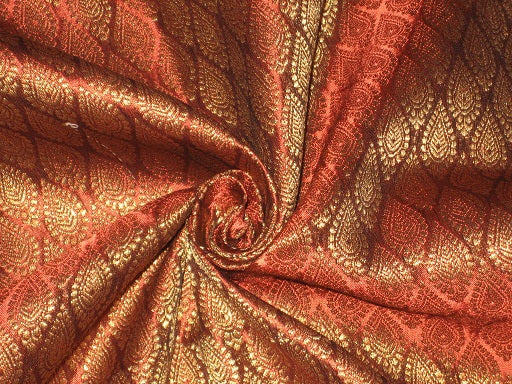 Spun Silk Brocade fabric Dark Rusty Red &amp; Metallic Gold Color BRO183[2]