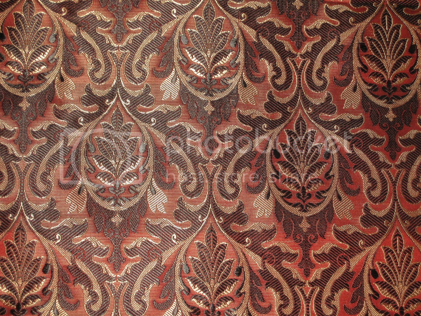 SILK BROCADE FABRIC Tomato Orange,Black &amp; Gold colour 44" wide BRO189[3]