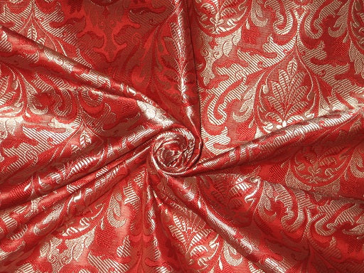 SILK BROCADE FABRIC Tomato Orange,Red &amp; Gold colour 44" wide BRO189[2]