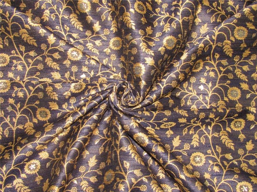 Silk Brocade Fabric navy blue X gold color 58 inches