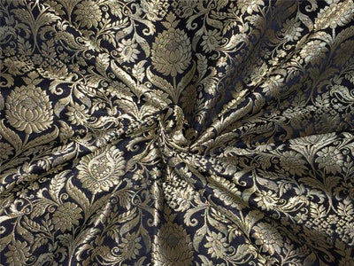 Heavy Silk Brocade Fabric black x metallic gold color