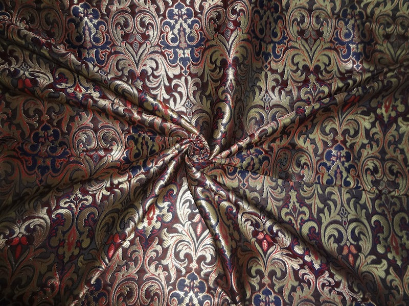 SILK BROCADE FABRIC Navy,Red &amp; Metallic Gold 44&quot;