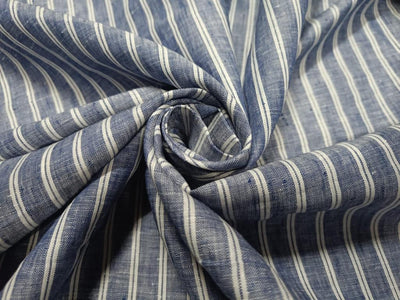 100% Linen Navy Blue and White stripe Fabric 58" wide single length 2 yards [6910]