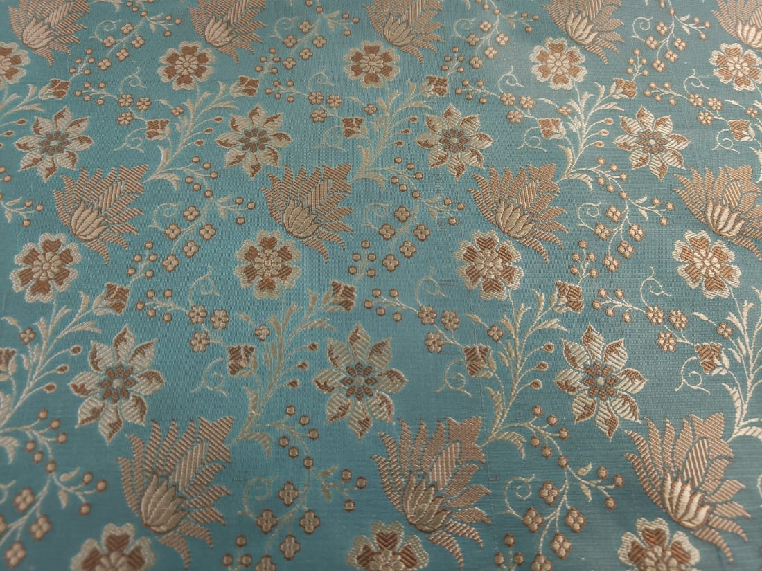 SILK BROCADE JACQUARD FABRIC Sea Blue &amp; Gold color 44&quot;BRO19[1]