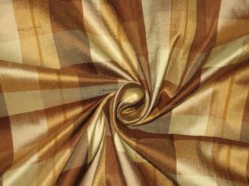 Silk Dupioni Shades of Brown & Cream color plaids Fabric