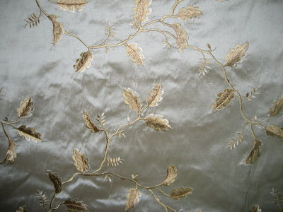 SILK DUPIONI Fabric Floral Embroidery Blue x Beige shot 54&quot; wide