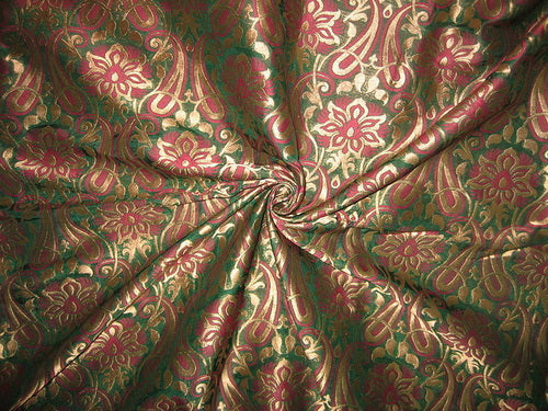 Silk Brocade Fabric Metallic Antique Gold,Pink &amp; Green BRO147[1]