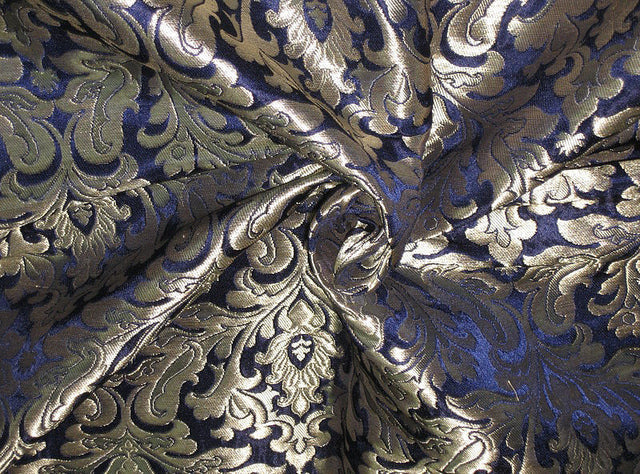 Silk heavy Brocade jacquard Fabric Dark Navy Blue &amp; Gold BRO93[4]