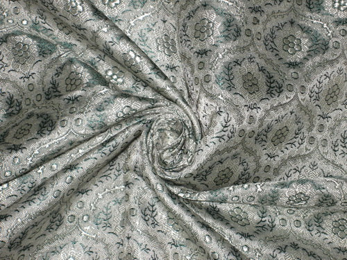 SILK BROCADE FABRIC Teal &amp; Grey color 44" WIDE BRO169[6]