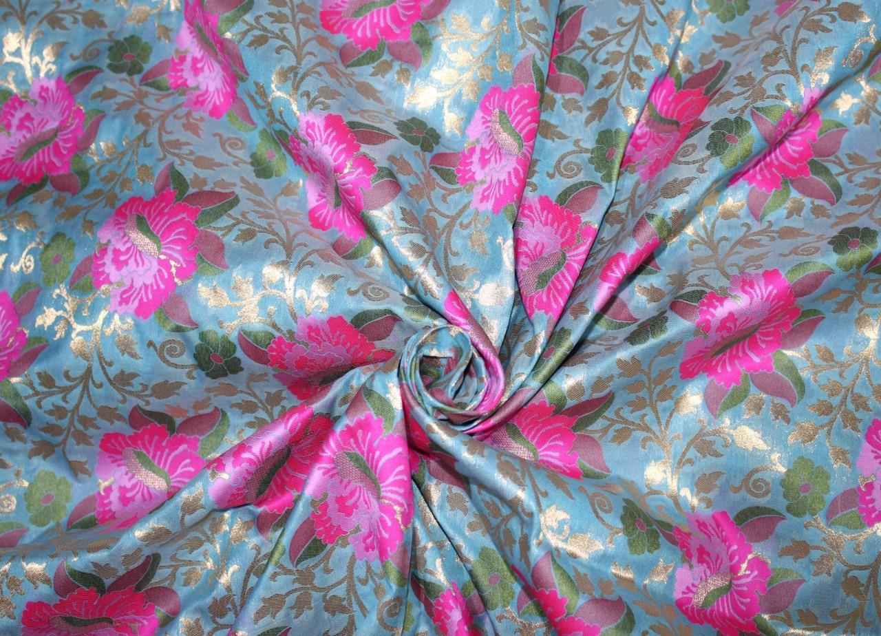 Silk Brocade Fabric blue x pink with metallic gold color 44" wide BRO655[1]