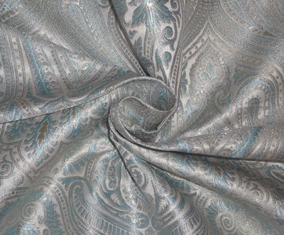 SILK BROCADE FABRIC Ivory, Blue & Metallic GOLD COLOR 36" WIDE BRO531[4]